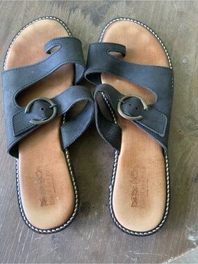 Coach Black  Leather Slide Sandals with Stitched Trim